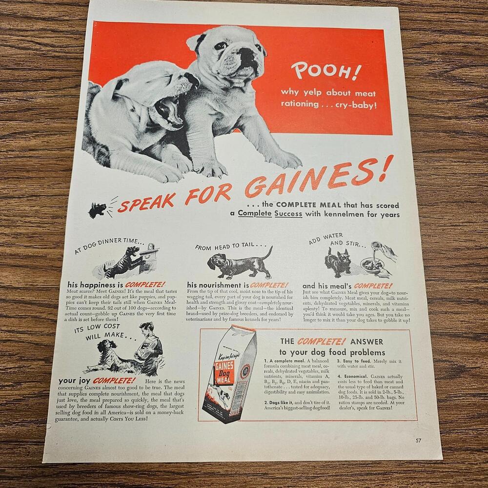 Vintage Gaines Dog Food Ad • Bulldogs Puppies • “Speak for Gaines” • 1940s Pet A